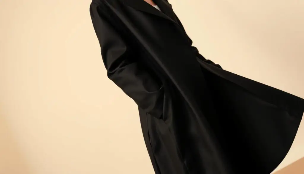 A classic, chic black women's coat in a long, flowing silhouette. The material has a subtle sheen, giving it a luxurious, sophisticated appearance. The garment is tailored with clean lines, emphasizing the wearer's figure. Soft, cascading folds create a sense of elegant movement. The collar stands upright, framing the face, while the cuffs have a subtle flare. Diffused, warm lighting illuminates the coat, casting subtle shadows that accentuate its structure. The background is a neutral, minimalist setting, allowing the coat to be the focal point. An image that captures the timeless appeal and versatility of the classic black women's coat.
