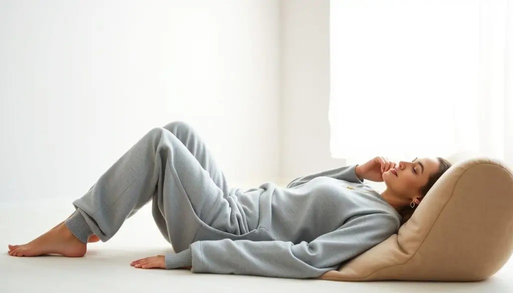 A cozy and stylish woman lounging comfortably in a well-lit studio, wearing a pair of soft, heather gray sweatpants and a matching cropped sweater. The outfit is accentuated by minimal, yet chic accessories - a gold pendant necklace and simple stud earrings. The background features a clean, white wall with a subtle texture, creating a serene and inviting atmosphere. Soft, diffused lighting from a large window casts a warm glow, highlighting the model's relaxed pose and thoughtful expression. The overall impression is one of effortless sophistication, showcasing how versatile and stylish gray athleisure wear can be.