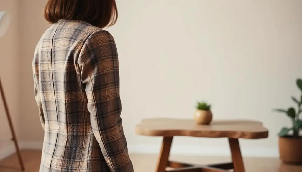 A cozy, well-lit studio setting with a graceful, tailored women's plaid blazer in the foreground. The jacket features a classic houndstooth or Prince of Wales check pattern, subtly complemented by muted earth-toned colors. The fabric has a soft, luxurious texture that catches the gentle studio lighting, creating a warm, inviting atmosphere. In the middle ground, a simple wooden or stone table surface, perhaps with a potted plant or other minimal decor, serves as a neutral backdrop. The background fades into a soft, slightly blurred, natural setting, such as a window overlooking a garden or a plain wall, allowing the focus to remain on the elegant plaid jacket. The overall mood is one of timeless style, comfort, and quiet sophistication.