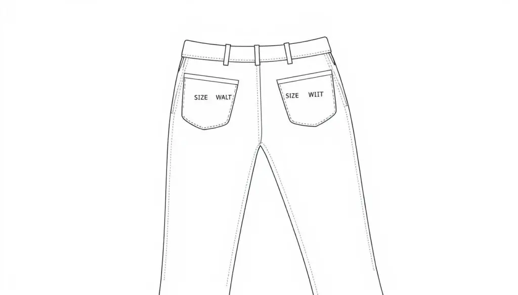 A detailed technical illustration showcasing the various size markings and measurements typically found on the labels of women's trousers. The image should have a clean, minimalist design with a white background, allowing the core subject matter to be the focal point. The trousers should be presented in a flat-lay or technical drawing style, with clear and legible size indicators, waist and inseam measurements, as well as any other standard sizing metrics. The lighting should be soft and even, with a slight gradient to create depth and dimension. The camera angle should be slightly elevated to provide an orthographic view, emphasizing the precision and accuracy of the size information displayed.