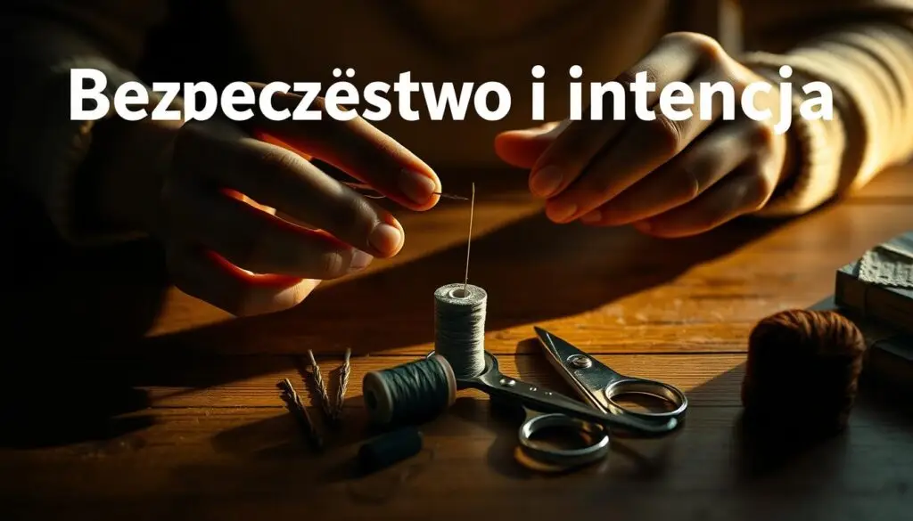 A dimly lit scene of a person's hands thoughtfully arranging everyday objects - a sewing needle, a pair of scissors, a spool of thread - on a wooden table. The lighting casts warm, soft shadows, creating an atmosphere of focused attention and intentionality. The background is blurred, keeping the viewer's gaze directed on the hands and the objects, symbolizing the importance of "bezpieczeństwo i intencja" - safety and intention - before undertaking a delicate task. The composition emphasizes the care and consideration that goes into the preparation, setting the stage for the article's subject matter.