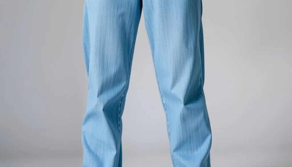 A full-length view of a person's lower body, centered on a pair of size 26 jeans. The jeans are relaxed-fit, with a straight leg and a mid-rise waistline. The fabric has a subtle texture, with light distressing and fading throughout. The person is standing in a neutral pose, allowing the fit and proportions of the jeans to be clearly visible. The lighting is natural, with soft shadows that accentuate the contours of the fabric. The background is simple and uncluttered, keeping the focus on the jeans. The overall mood is one of casual, everyday style, conveying the practical and versatile nature of the size 26 jean.