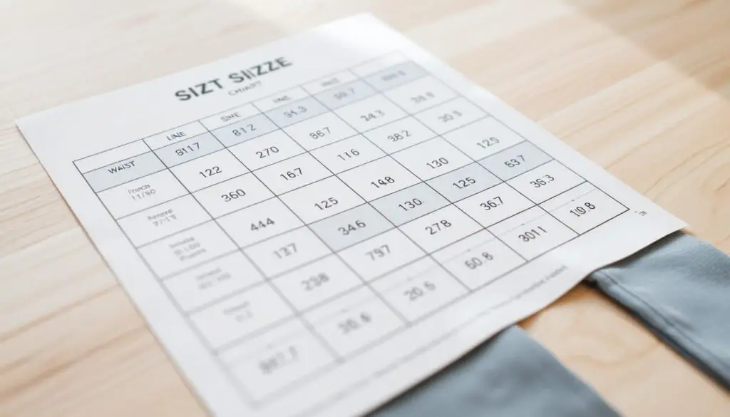 A high-resolution, detailed image of a men's pants size chart displayed on a light-colored wooden surface. The chart shows the inch measurements for various waist and inseam sizes, presented in a clean, organized layout. The lighting is natural and diffused, creating a warm, inviting atmosphere. The angle is slightly elevated, providing a clear view of the entire chart. The focus is sharp, with a shallow depth of field to draw the viewer's attention to the central information. The overall mood is informative and practical, suitable for inclusion in an article discussing the basics of pants size conversions.
