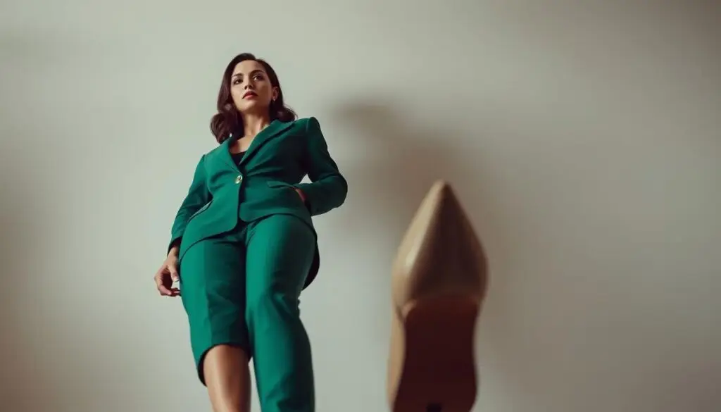 A sophisticated woman stands confidently in a well-tailored, emerald green suit, her gaze focused yet serene. The camera captures her from a low angle, accentuating the sleek lines of the garment and the elegant, pointed-toe heels that complement the ensemble. Soft, diffused lighting creates a sense of refinement, while the background fades into a subtle, harmonious palette, allowing the subject to be the focal point. The overall impression is one of understated elegance, where the choice of footwear seamlessly elevates the entire stylistic presentation.