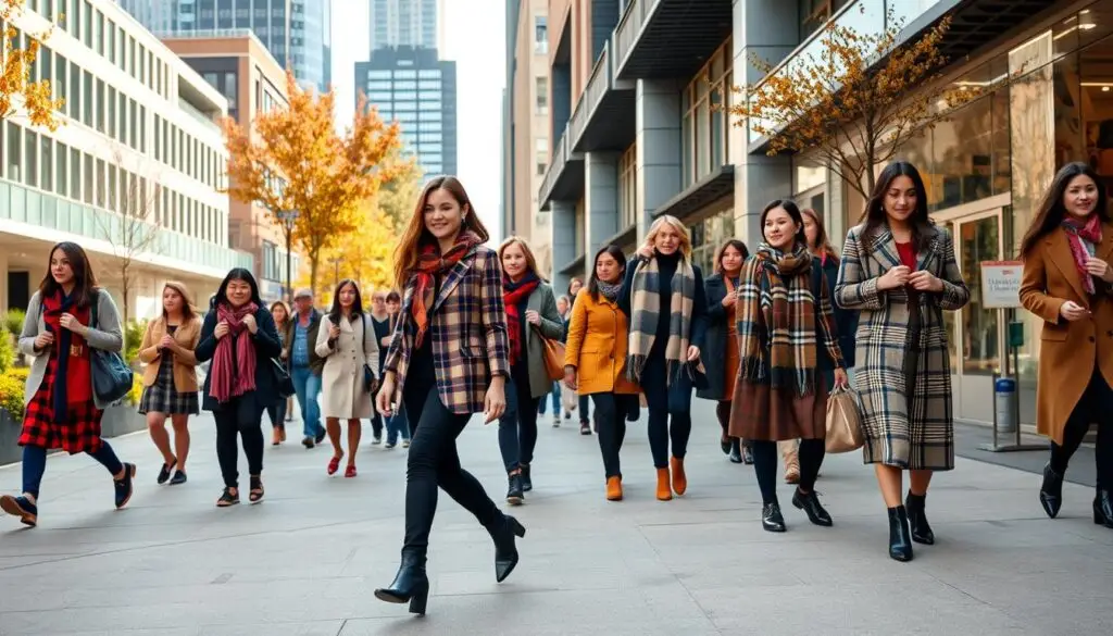 A vibrant and fashionable scene set in a modern urban setting, showcasing the latest plaid-inspired trends for the 2024 season. In the foreground, a confident woman strides down the street, wearing a well-tailored plaid blazer paired with sleek black pants and stylish ankle boots. The middle ground features a variety of pedestrians and shoppers, each sporting their own unique plaid-infused outfits, from oversized scarves to patterned dresses. In the background, the cityscape is alive with the energy of the season, with a mix of contemporary architecture, lush greenery, and a touch of autumn's warm hues. The lighting is a soft, natural glow, highlighting the textures and details of the plaid fabrics. The overall atmosphere conveys a sense of urban sophistication and fashion-forward style.