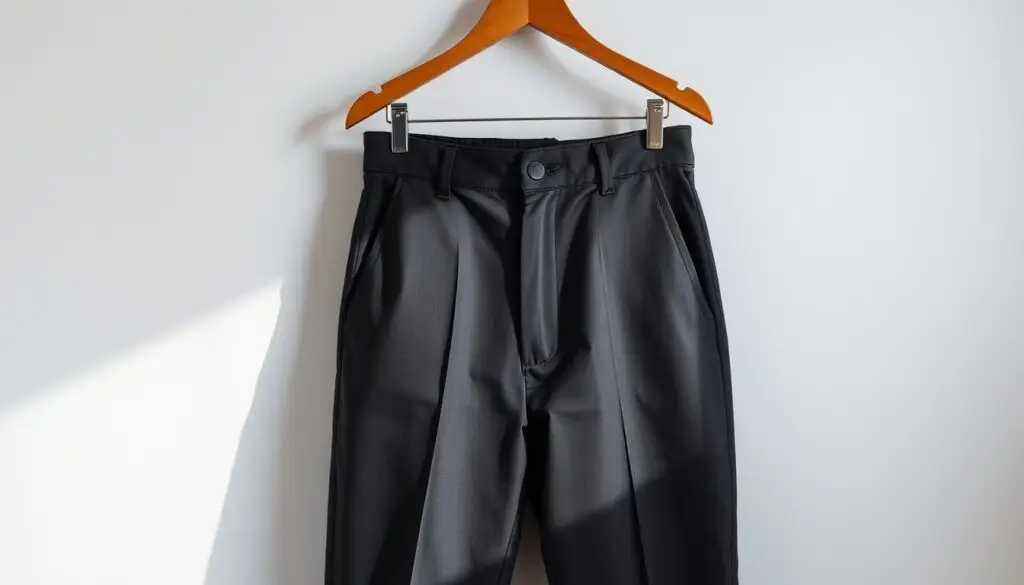 A well-fitted pair of men's trousers in a classic dark shade, hanging neatly on a wooden hanger against a minimalist, light-colored background. The trousers are centered, allowing the viewer to clearly see the waistband and front pockets. The lighting is soft and diffused, creating subtle shadows that accentuate the fabric's texture and drape. The composition is balanced, with the trousers occupying the middle ground, surrounded by ample negative space to draw the eye. The overall mood is one of simplicity, practicality, and attention to detail - reflecting the subject of "rozmiar spodni 34 to inaczej - praktyczny przewodnik".