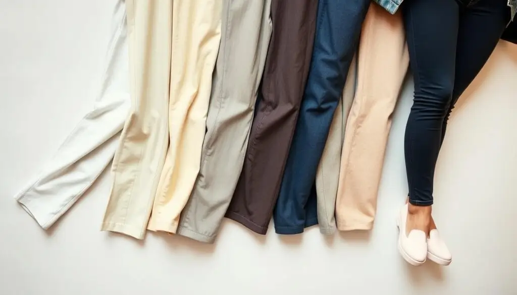A well-lit, close-up photograph of an assortment of women's pants in various sizes, neatly arranged on a clean, neutral-colored background. The pants should be displayed in a way that showcases their size differences, with a range of waist and leg measurements clearly visible. The lighting should be soft and diffused, creating an even, natural-looking illumination that highlights the fabrics and textures of the garments. The camera angle should be slightly elevated, providing a clear, unobstructed view of the pants. The overall mood should be informative and educational, conveying a sense of helpful guidance for the reader.
