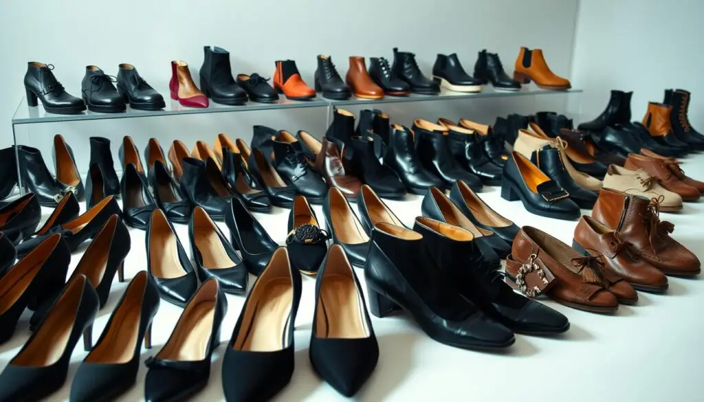 A well-lit studio scene featuring a diverse collection of classic and fashionable shoe models. In the foreground, a variety of women's black dress shoes are showcased, including sleek pumps, elegant stilettos, and chic ankle boots. The middle ground showcases a range of casual yet stylish options, such as loafers, oxfords, and Chelsea boots. In the background, a selection of trendier silhouettes are displayed, including platform soles, bold colors, and unique embellishments. The lighting is soft and natural, highlighting the fine details and textures of the leather, suede, and other premium materials. The overall composition is visually balanced and inviting, capturing the essence of timeless and contemporary footwear styles.