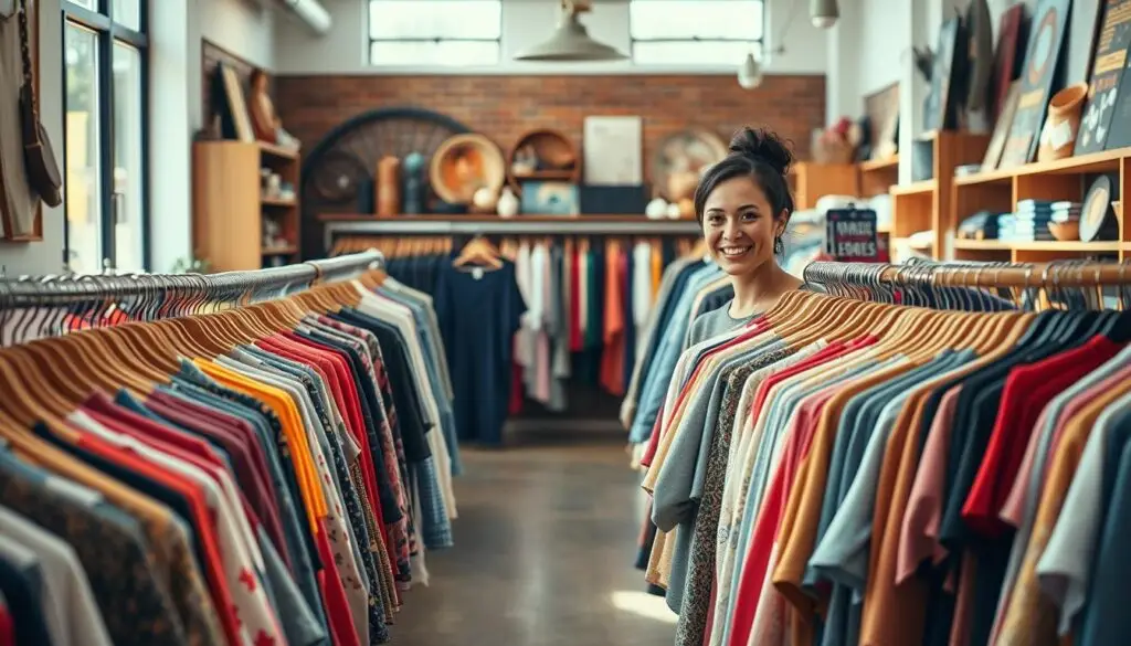A well-lit thrift store interior with rows of neatly organized secondhand clothing racks. Muted natural lighting streams in through large windows, casting a warm, inviting glow on the vibrant fabrics. In the foreground, a smiling sales associate assists a customer, highlighting the benefits of donating and selling used apparel. The middle ground features an array of diverse, high-quality garments - from designer dresses to vintage band tees. The background showcases the store's cozy, homely atmosphere, with wooden shelves, retro decor, and a cheerful, bustling atmosphere. The overall scene conveys the value, convenience, and sustainability of selling clothes to a thrift store.